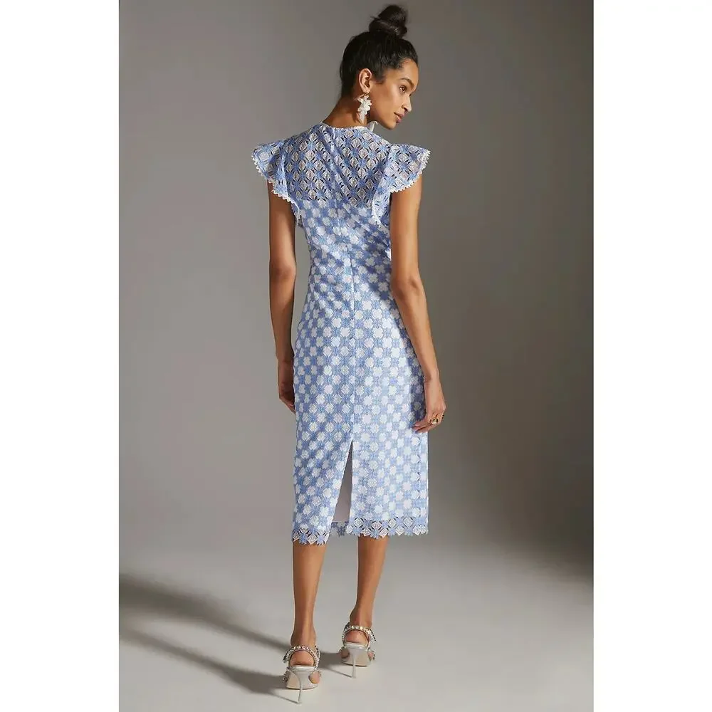 SHOSHANNA Rachel Ruffle Lace Midi Dress Size 12 Blue & White Wedding Guest - Picture 4 of 14